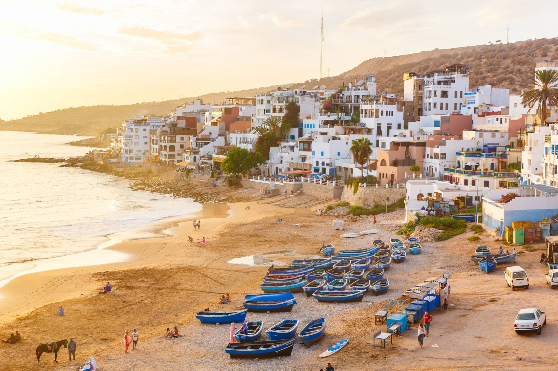 Taghazout village and fishing boats beside the Atlantic