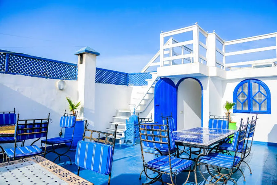 Blue and white riad rooftop terrace